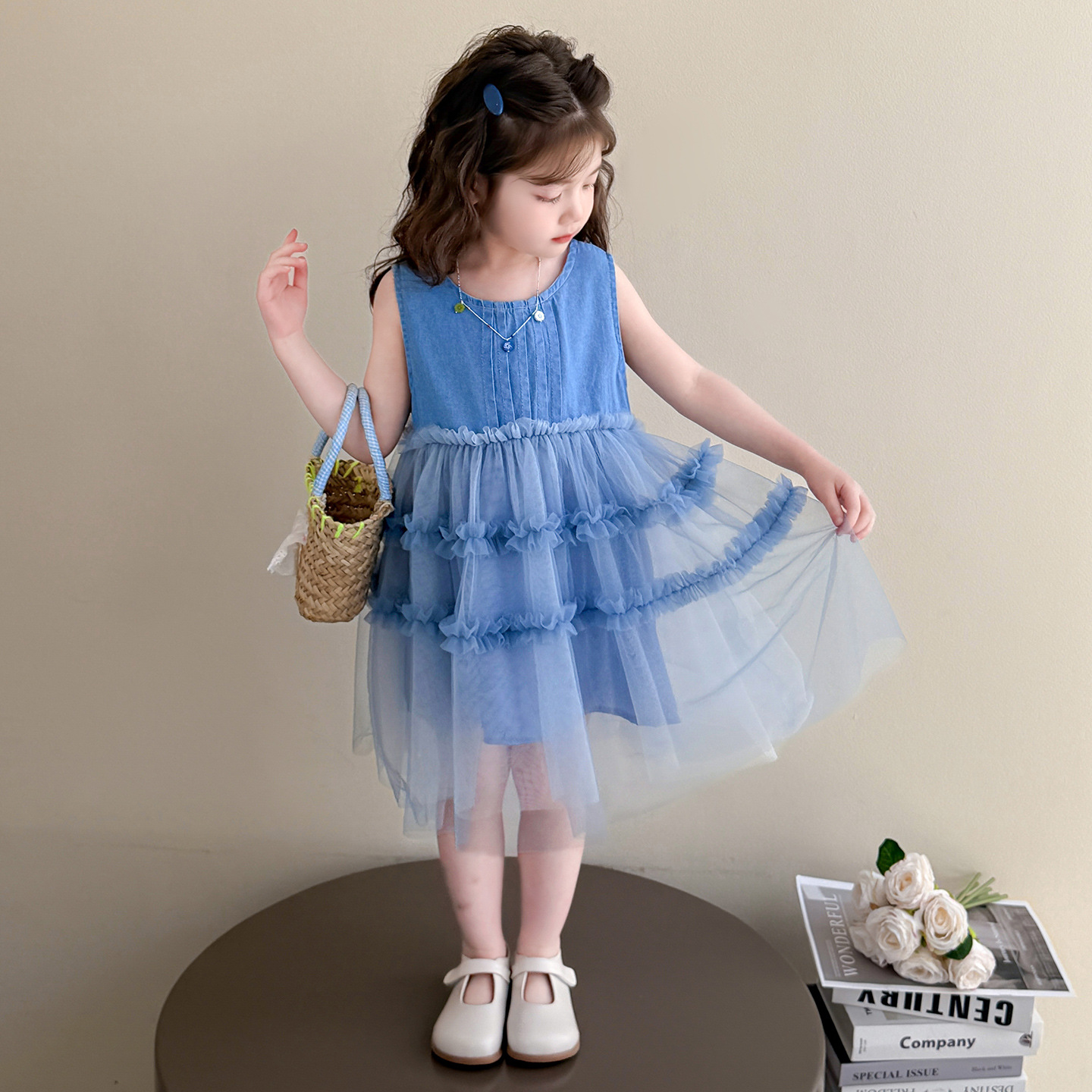 韩版夏季女童洋气薄款牛仔拼接网纱连衣裙2025新款女宝宝背心裙潮