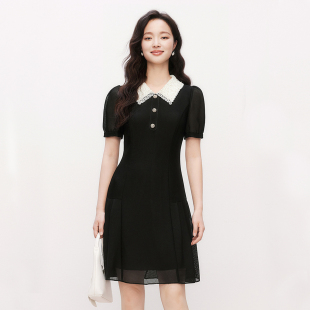 蕾丝领短袖 珂莱商场同款 女黑色修身 2025夏季 连衣裙KF12206W0 新款
