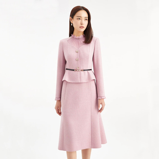 珂莱商场同款2025秋冬季新款女装优雅拼接收腰假两件羊毛呢连衣裙
