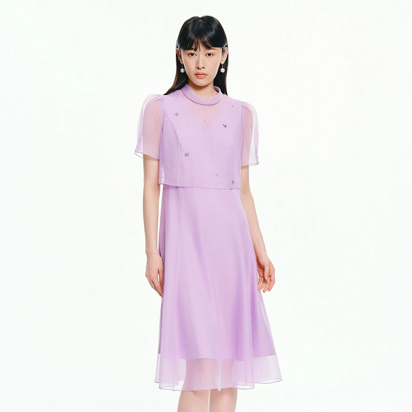 珂莱商场同款2026夏季新款女装法式欧根纱珠钻假两件短袖连衣裙子