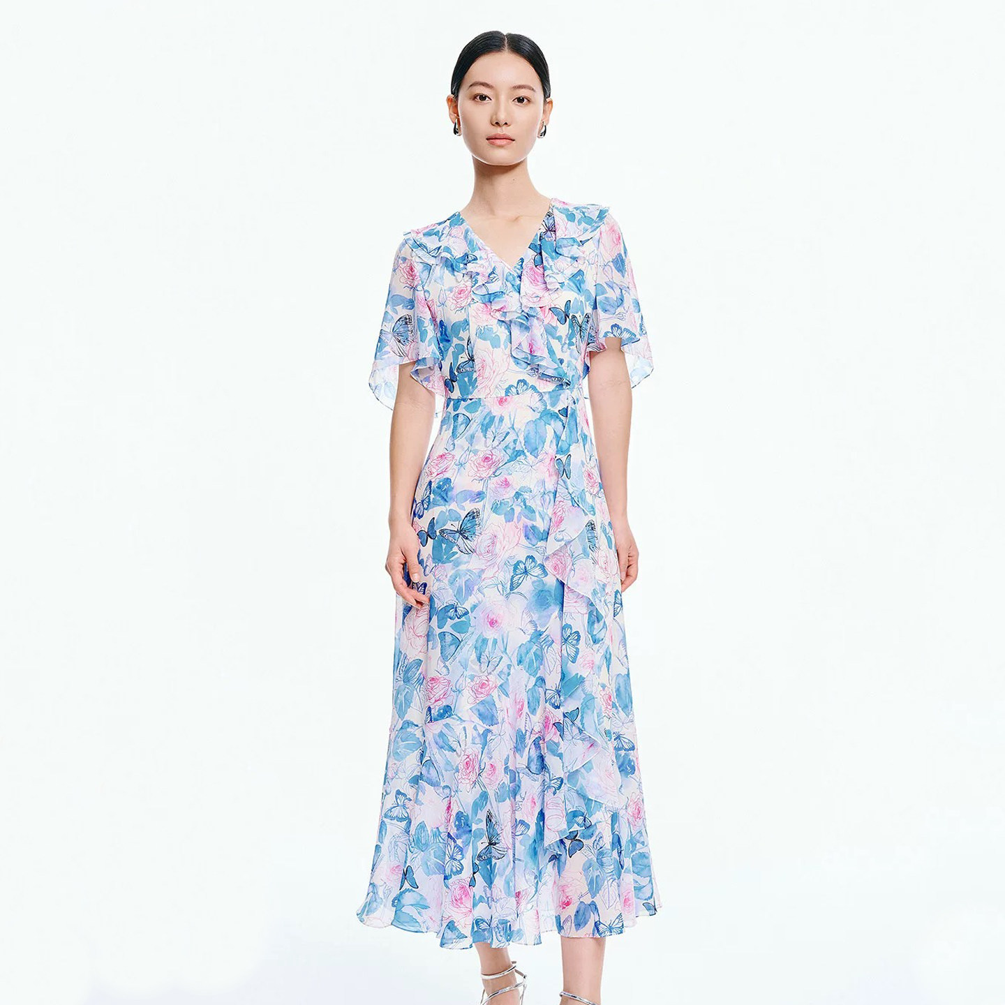 珂莱商场同款2026夏季新款女装清新碎花V领荷叶边印花短袖连衣裙