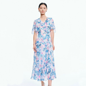 珂莱商场同款2026夏季新款女装清新碎花V领荷叶边印花短袖连衣裙