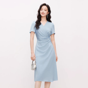 女装 连衣裙 2025夏季 短袖 珂莱商场同款 中长款 醋酸时尚 新款 V领修身