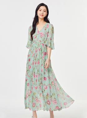 珂莱商场同款2025夏季新款女装浪漫玫瑰印花真丝连衣裙KF12087J1