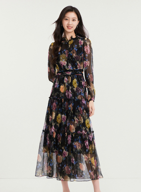 珂莱商场同款2025秋季新款女装优雅印花真丝长袖连衣裙KF12566W0