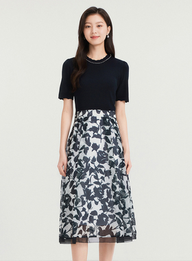 珂莱商场同款2025夏季新款女装拼接显瘦印花针织连衣裙KF12324Q7