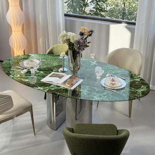 戎匠天然普拉达绿奢石餐桌现代简约高端意式别墅家用轻奢椭圆饭桌
