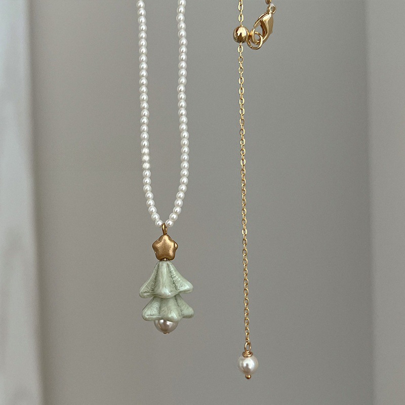 丹妮丝圣诞树mini高级松绿节日氛围人造珍珠项链小清新百搭锁骨链