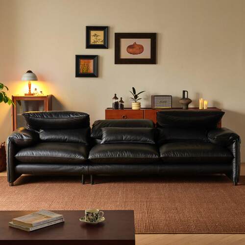 cassina Maralunga中古黑色马拉伦加折耳沙发客厅直排覆古油蜡皮