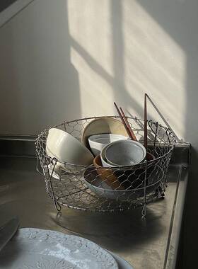 NICEONE 不锈钢沥水篮手工编制收纳篮水果篮零食杂物收纳筐储物篮