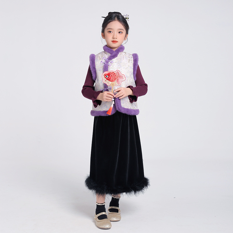 柏艺-拜年服女童马甲汉服冬装2025新款儿童古风坎肩背心周岁礼服