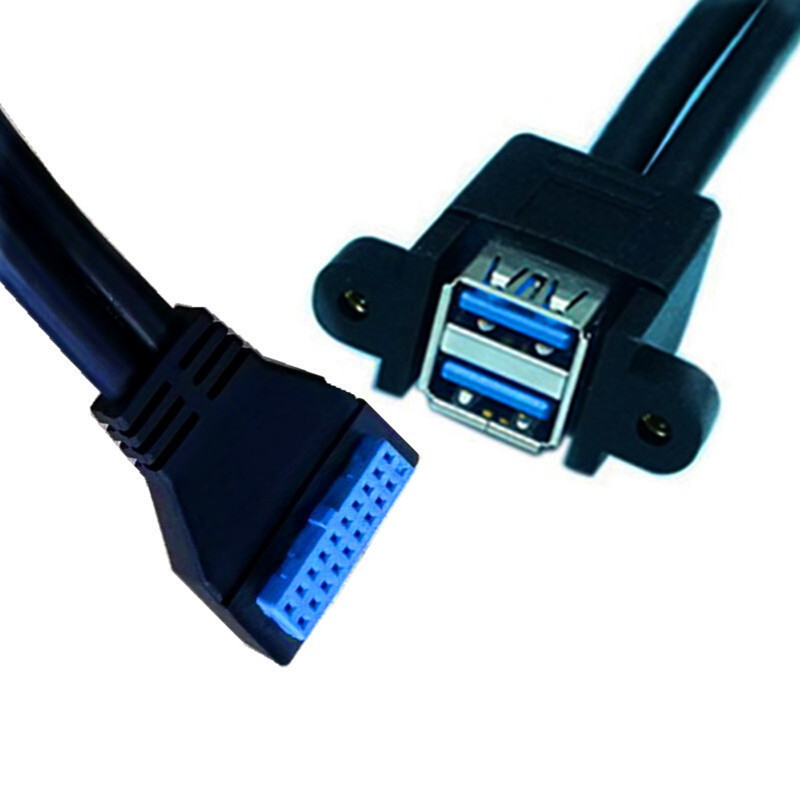 弯头USB19针20针转双USB扩展线带固定螺丝挡板线20P转2口转接线