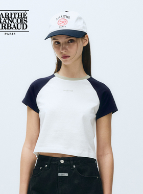 MARITHE撞色插肩短袖T恤潮流女士极简修身复古短款圆领25年夏韩系