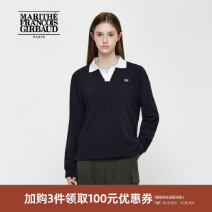 MARITHE2026年秋珠地翻领长袖T恤男女同款字母LOGO撞色领口套头衫