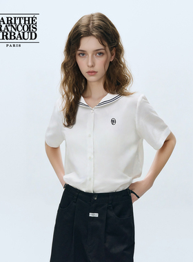 MARITHE短袖衬衫 潮流女士海军风字母刺绣撞色衬衣2025春秋新款