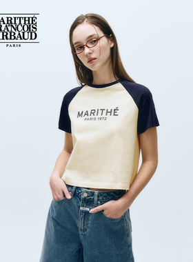 MARITHE短袖T恤 情侣女士LOGO插肩短款撞色上衣25年夏可露丽 韩系