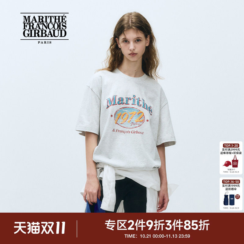 MARITHE女士椭圆图案印花短袖T恤潮流休闲宽松圆领上衣25年夏韩系