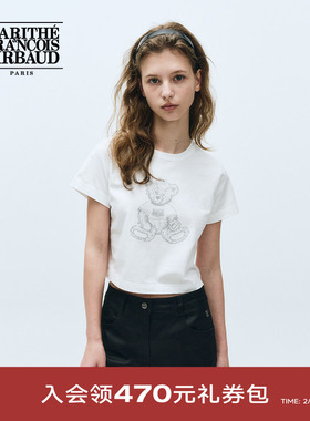 MARITHE女士涂鸦熊短袖T恤 潮流休闲舒适圆领短款上衣 25年夏韩系