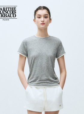 MARITHE女士叠层短袖T恤 修身简约撞色滚边圆领上衣 2025年夏韩系