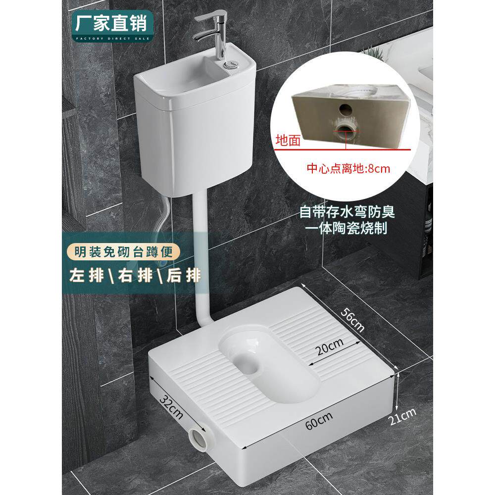 加宽侧排免挖坑蹲便器后排大便池左右出水蹲坑墙排横排免切台矮款