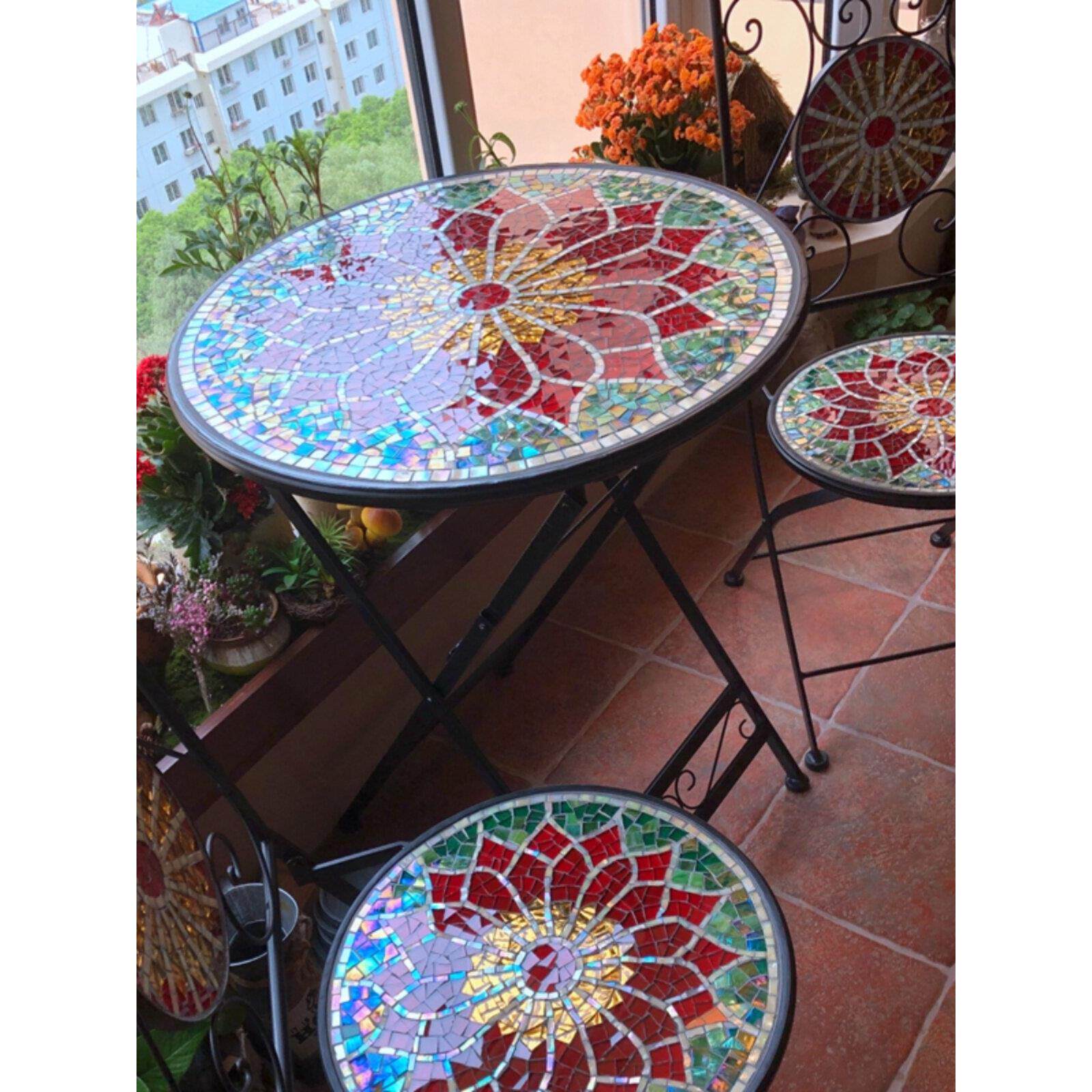 马赛克铁艺户外田园炫彩花园庭院圆桌椅套件Mosaic bistro table