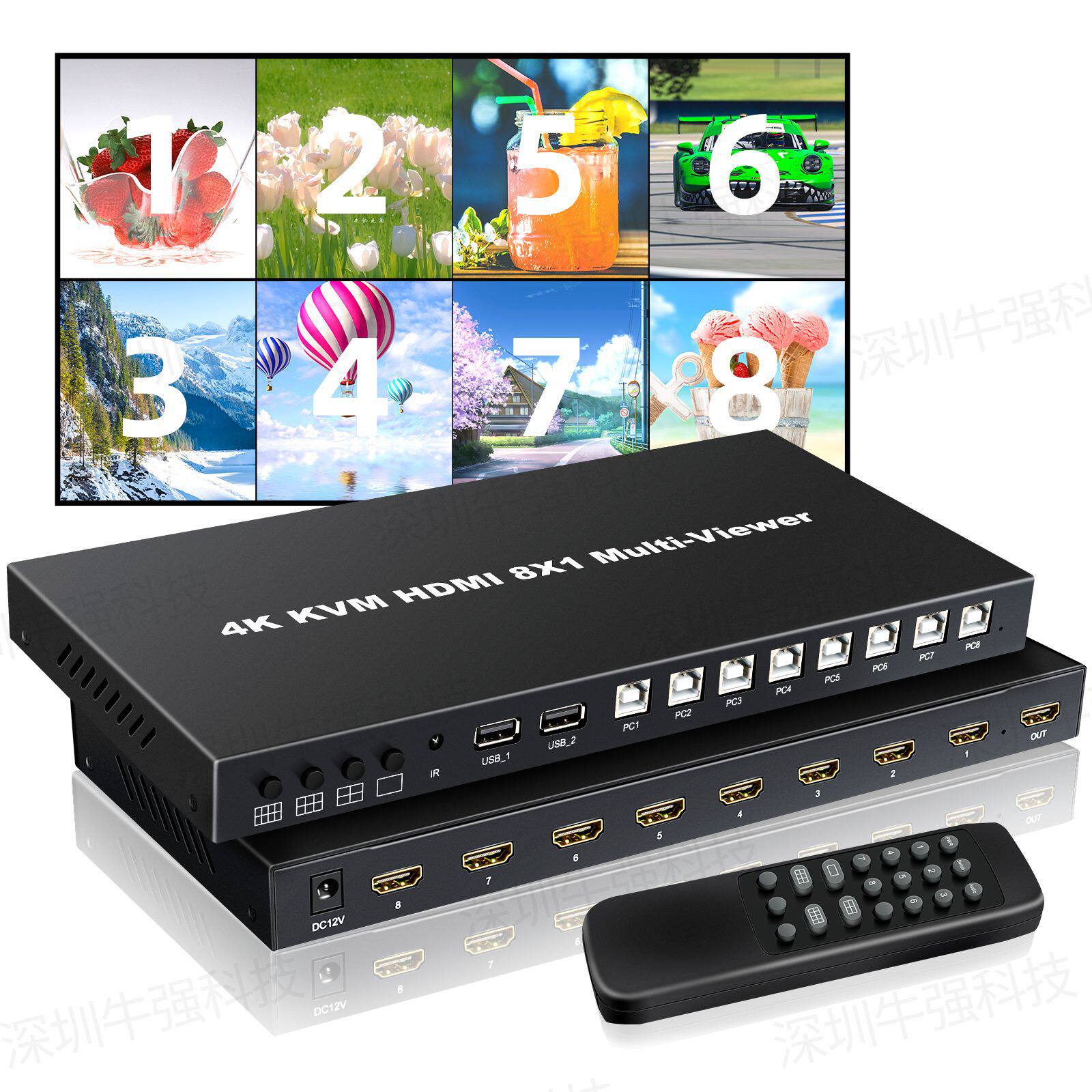 牛强8口分割器4k版一体机HDMI分屏器同步器八进一出一体机KVM无缝