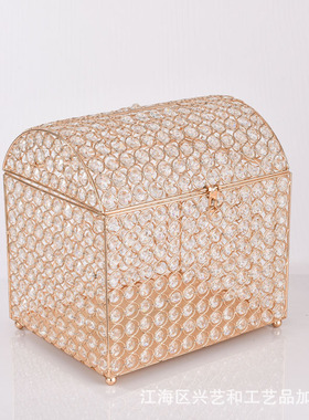 中式五金铁艺百宝箱电镀金色透明水晶摆件家居饰品简约玄关客厅