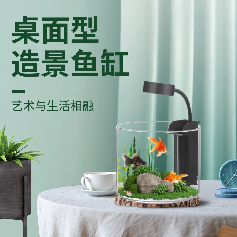 鱼缸小型生态造景圆柱鱼缸家用迷你鱼缸办公桌创意鱼缸灯滤一体缸