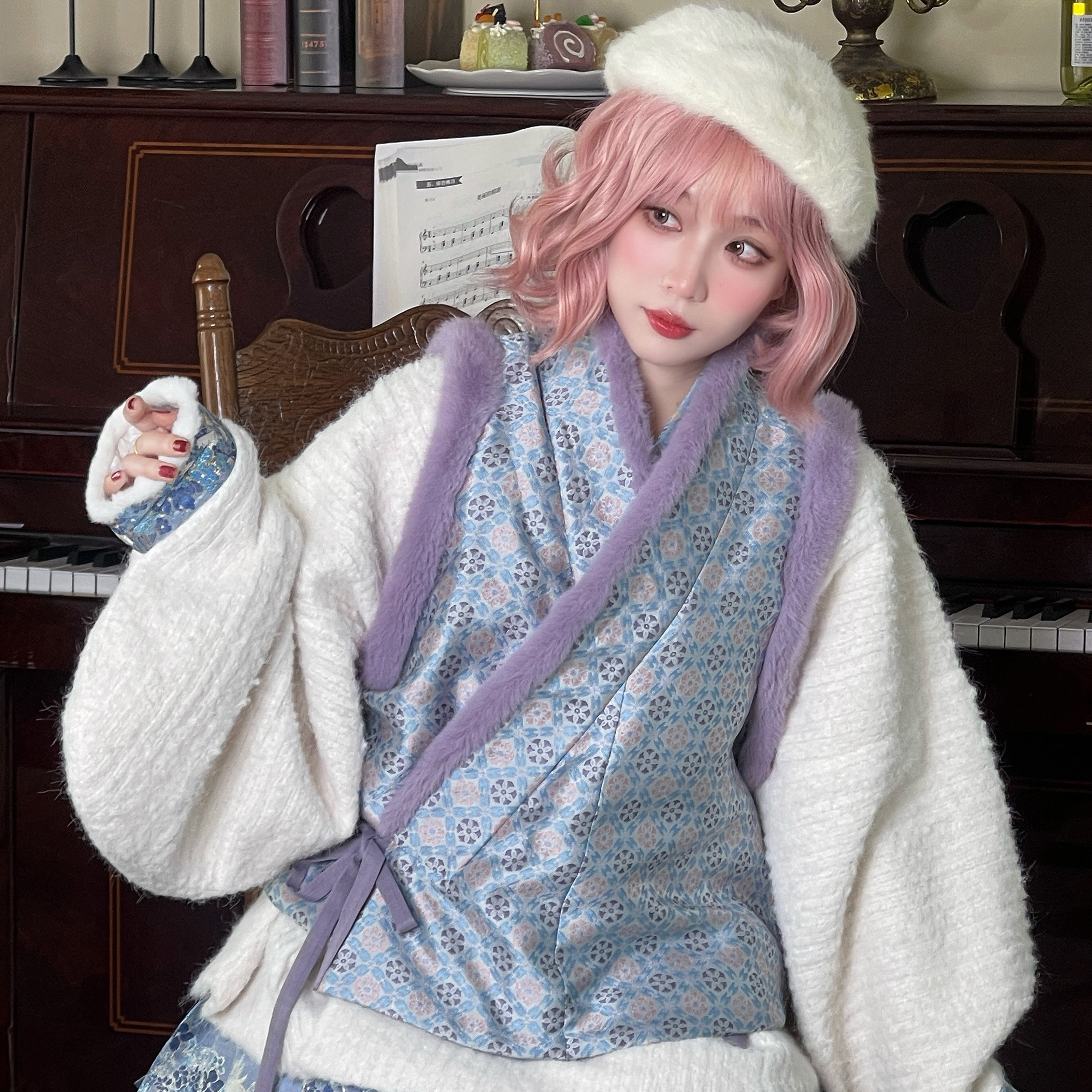 醒春集【雪野月光】明制汉服交领比甲交领袄加绒定织妆花蓝色日常,女装/女士精品,汉服半身裙,淘宝优惠券,粉丝福利购,淘宝优惠卷