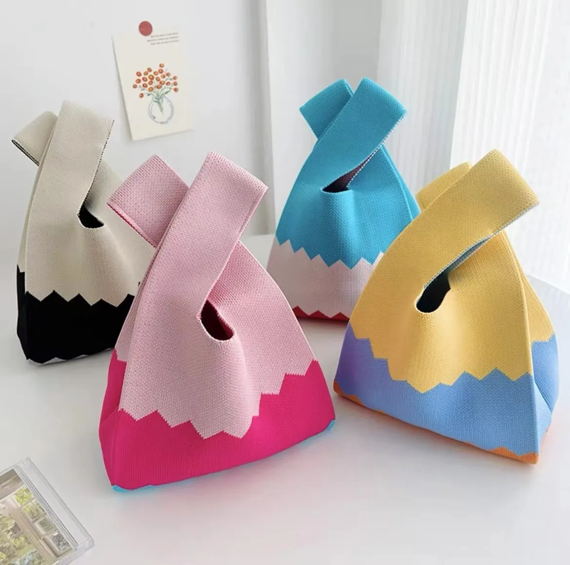 针织包包彩色背心包百搭拼色马甲包手提包便携便当包袋休闲手拎包