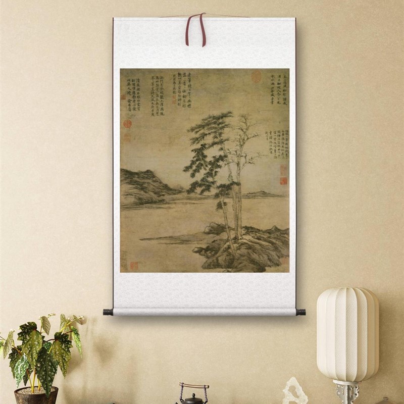 1:1元 倪瓒 疏林图轴纸本水墨画古代名家山水画微喷复制临摹手稿