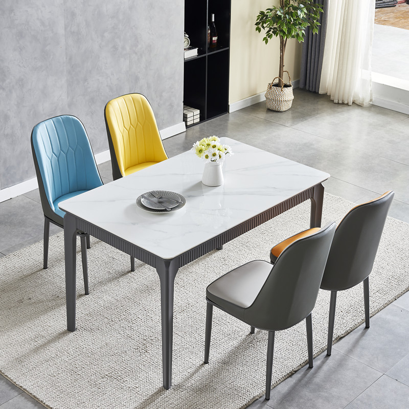 意式灰色框架亮光岩板餐桌椅组合小户型家用现代简约长方形饭桌子