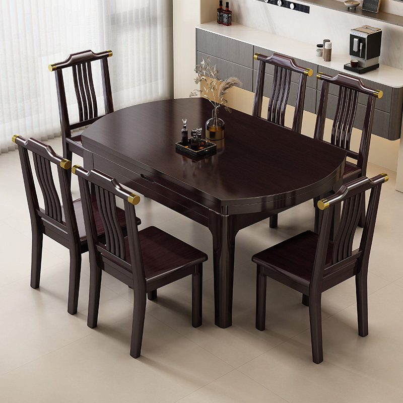 新中式家用吃饭桌子实木餐桌椅组合伸缩折叠圆桌大小户型可变圆桌