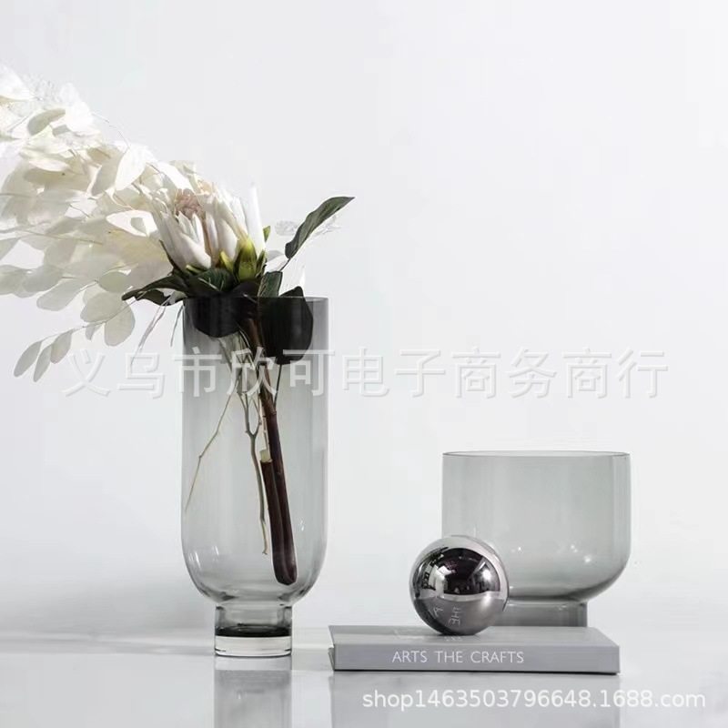 灰色简约现代圆形玻璃花器客厅花艺插花装饰花瓶摆件样板间软装,标准件/零部件/工业耗材,其他管件,淘宝优惠券,粉丝福利购,淘宝优惠卷
