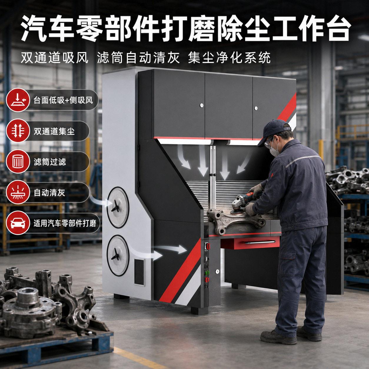 汽车零部件打磨除尘台双通道吸风滤筒自动清灰集尘净化系统