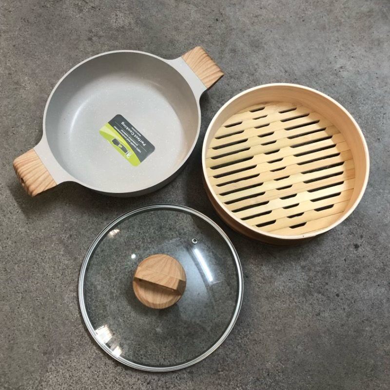海鲜蒸锅火锅浅汤锅带屉不粘双耳铝锅竹蒸笼焖锅电磁炉专用汤锅