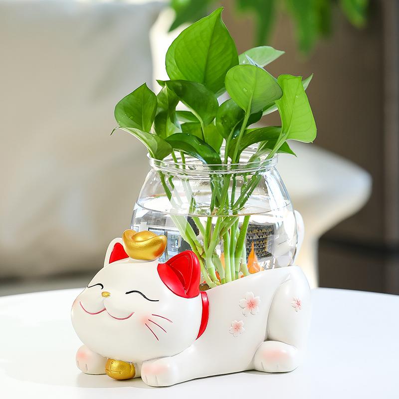 创意个性招财猫水培小型鱼缸客厅家居办公室工位桌面装饰摆件礼物