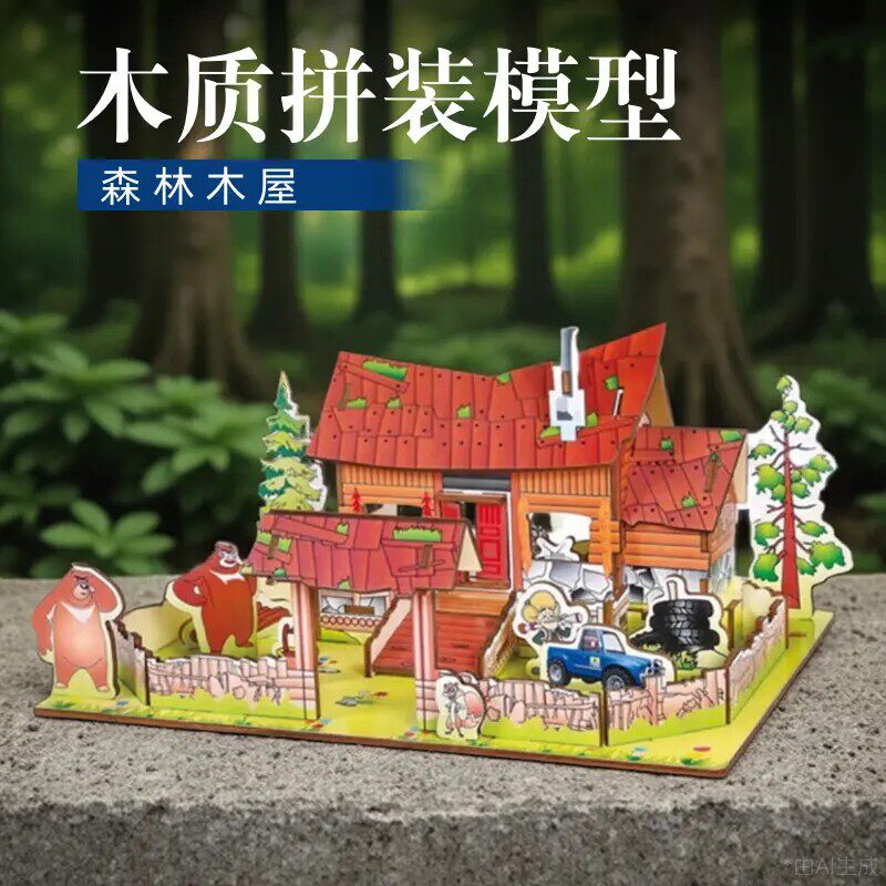 森林之家别墅模型木质熊拼图民居拼装木制出没手工光头木强房屋子