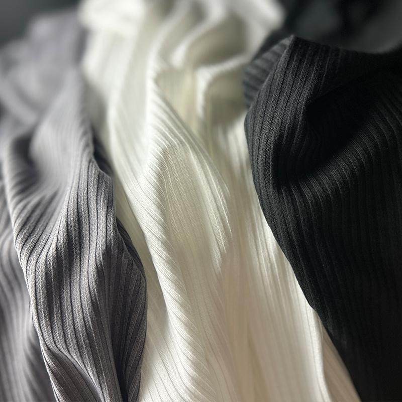 锦棉弹力垂感坑条罗纹拉架针织面料 纯色螺纹打底衫服装条纹布料