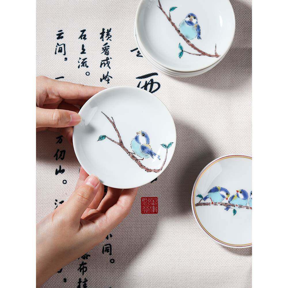 清仓日本九谷烧青郊窑陶瓷餐具彩绘山雀鸟青鸟圆盘饭碗茶杯点心盘