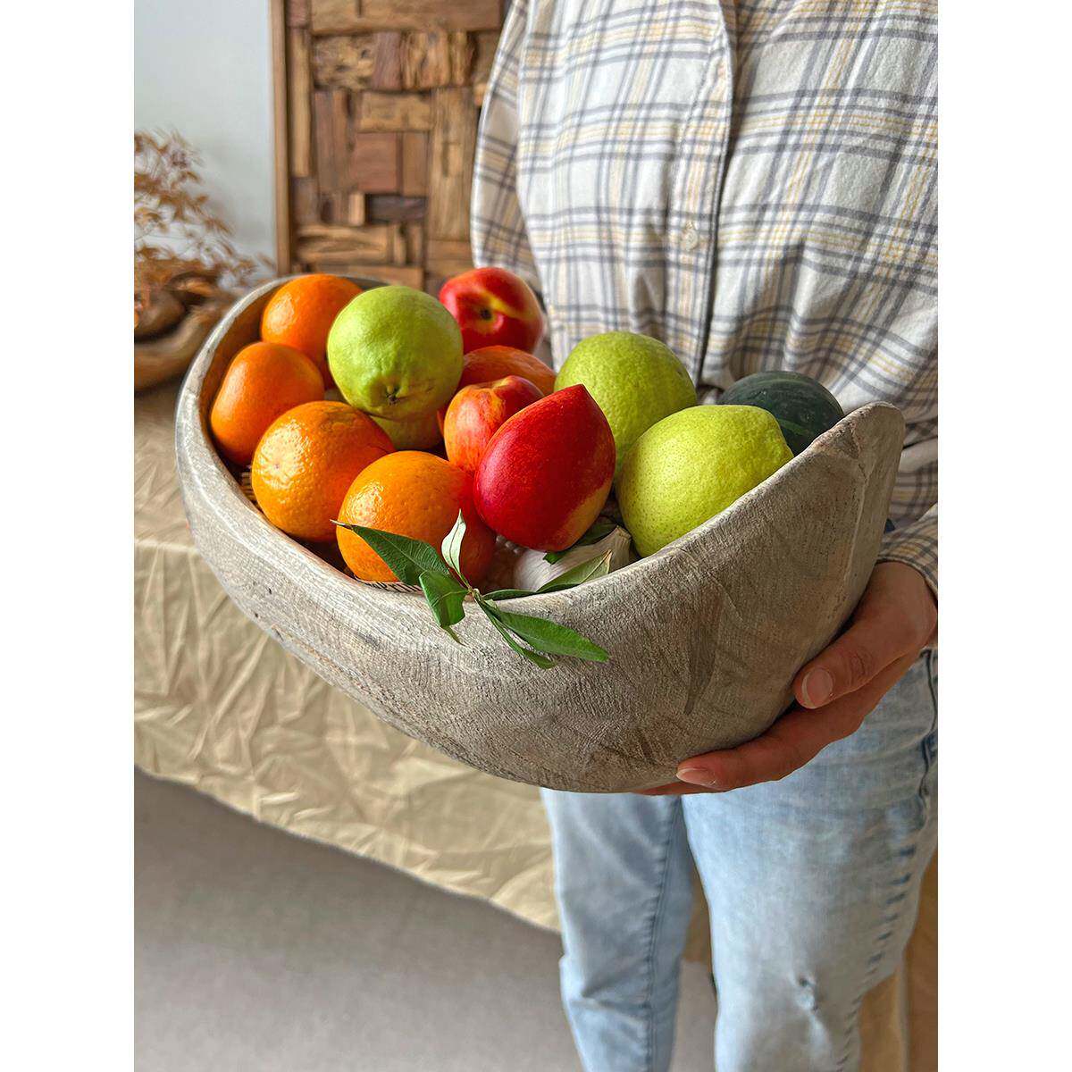 侘寂风木质水果盘实木大号复古果盘中古船型装饰托盘木头收纳木盆