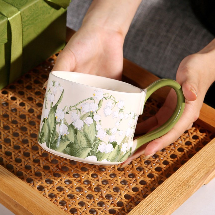 陶瓷杯女咖啡杯子创意油画风铃兰花办公室喝水杯伴手礼家用马克杯