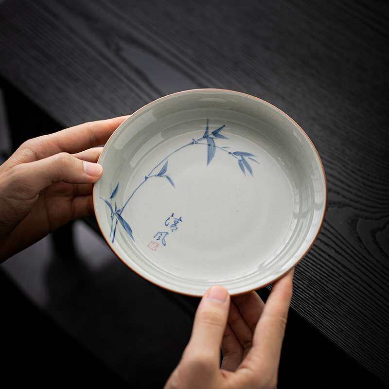 复古手绘竹子壶承茶盘家用中式复古干泡台茶壶盖碗托盘茶点盘果盘