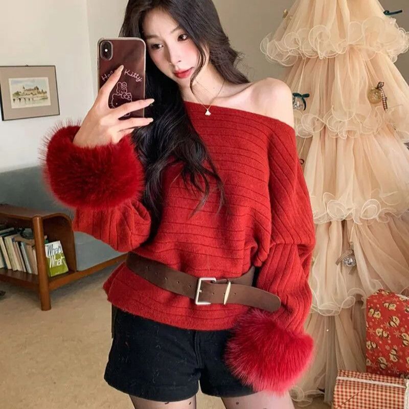 毛袖露肩百搭女风斜领拼接针织慵懒气质收腰毛衣设计感系带法式
