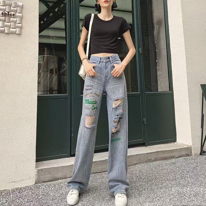做旧2026复古垂感直筒春季拉链女新款长裤破洞牛仔裤宽松阔腿显瘦