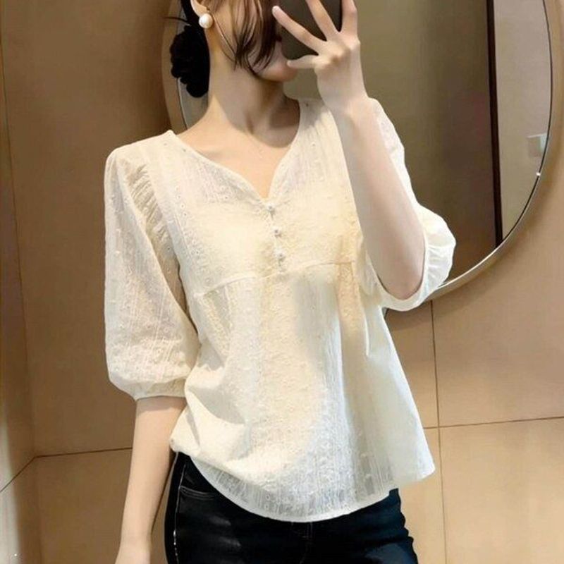 V雪纺妹妹小众设计感上衣泡泡袖胖减龄宽松领衬衫女夏季显瘦大码