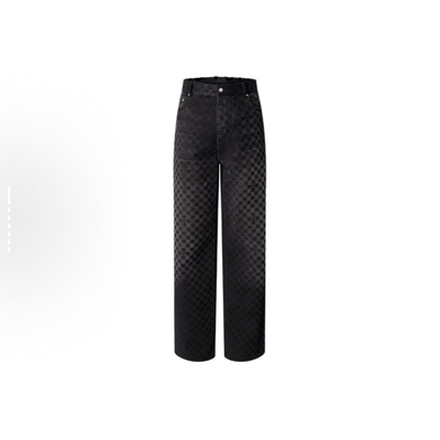 【Adam】25SS 男女情侣同款 格纹植绒阔腿牛仔长裤 新款黑色