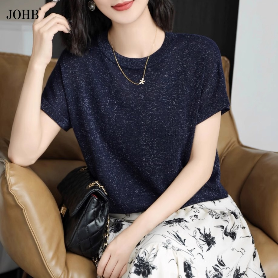 短袖t恤女2025年夏季新款休闲圆领冰丝针织衫衣服高档宽松上衣