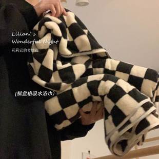 棋盘格毛巾浴巾套装 轻奢新款 吸水高颜值速乾洗澡情侣家用柔软复古