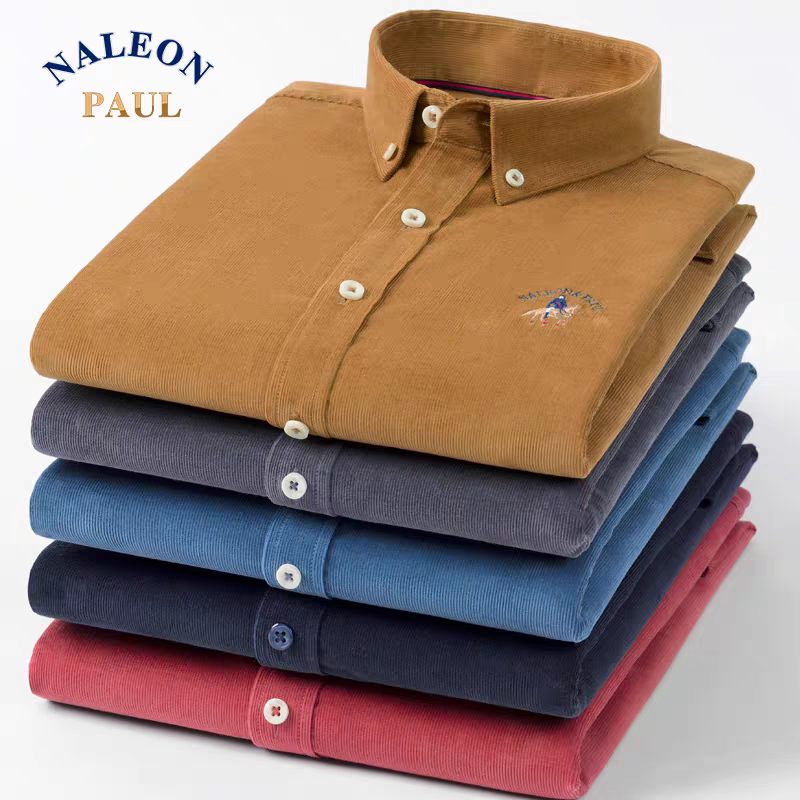春秋保罗纯棉灯芯绒长袖衬衫男士中青年条绒时尚百搭全棉休闲衬衣